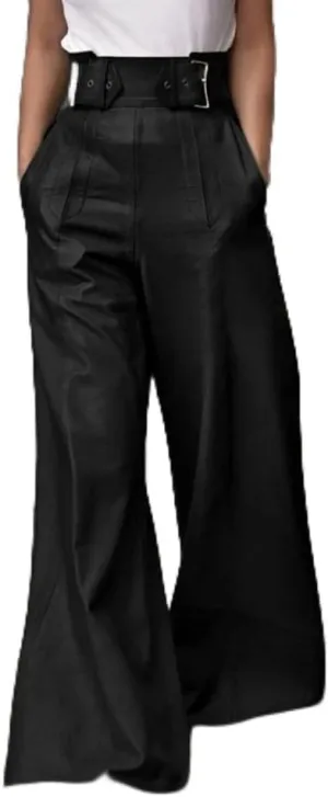 oshoplive Women's Faux Leather Pants PU High Waist Wide Leg Pants with Pockets Pleated Going Out Flare Trousers