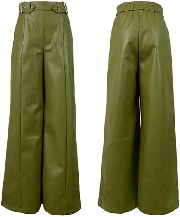 oshoplive Women's Faux Leather Pants PU High Waist Wide Leg Pants with Pockets Pleated Going Out Flare Trousers