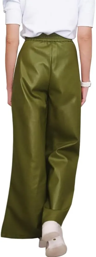 oshoplive Women's Faux Leather Pants PU High Waist Wide Leg Pants with Pockets Pleated Going Out Flare Trousers