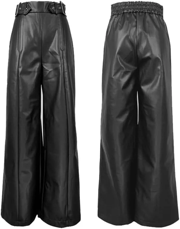 oshoplive Women's Faux Leather Pants PU High Waist Wide Leg Pants with Pockets Pleated Going Out Flare Trousers