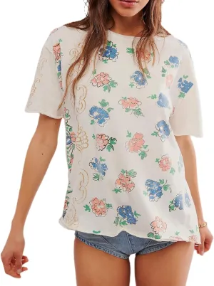 Oversized Graphic Tshirts for Women Teens Vintage Flower Tee Shirt Cute Loose Baggy Aesthetic Coast Beach Clothes