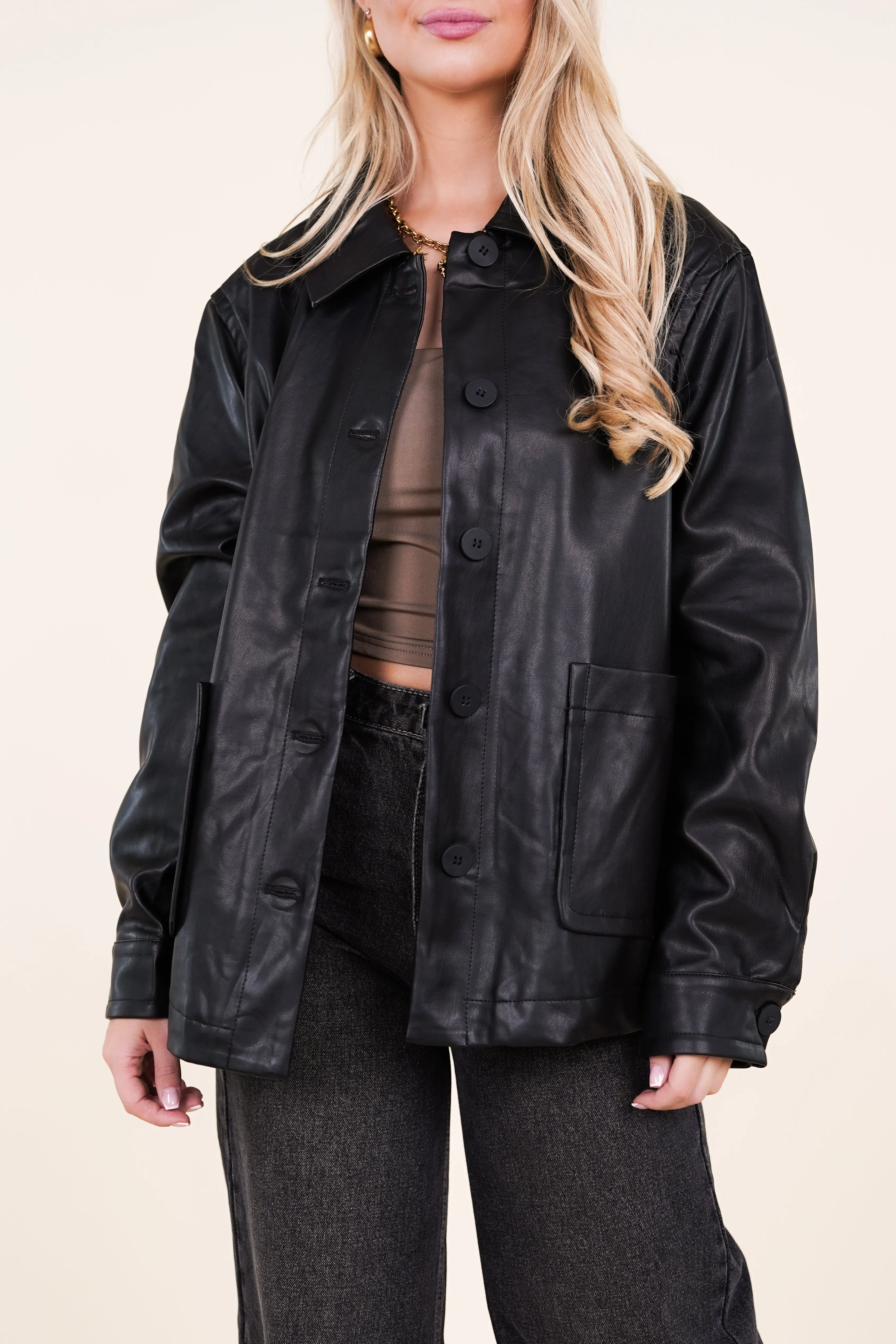 Oversized leatherlook jacket zwart - Faya