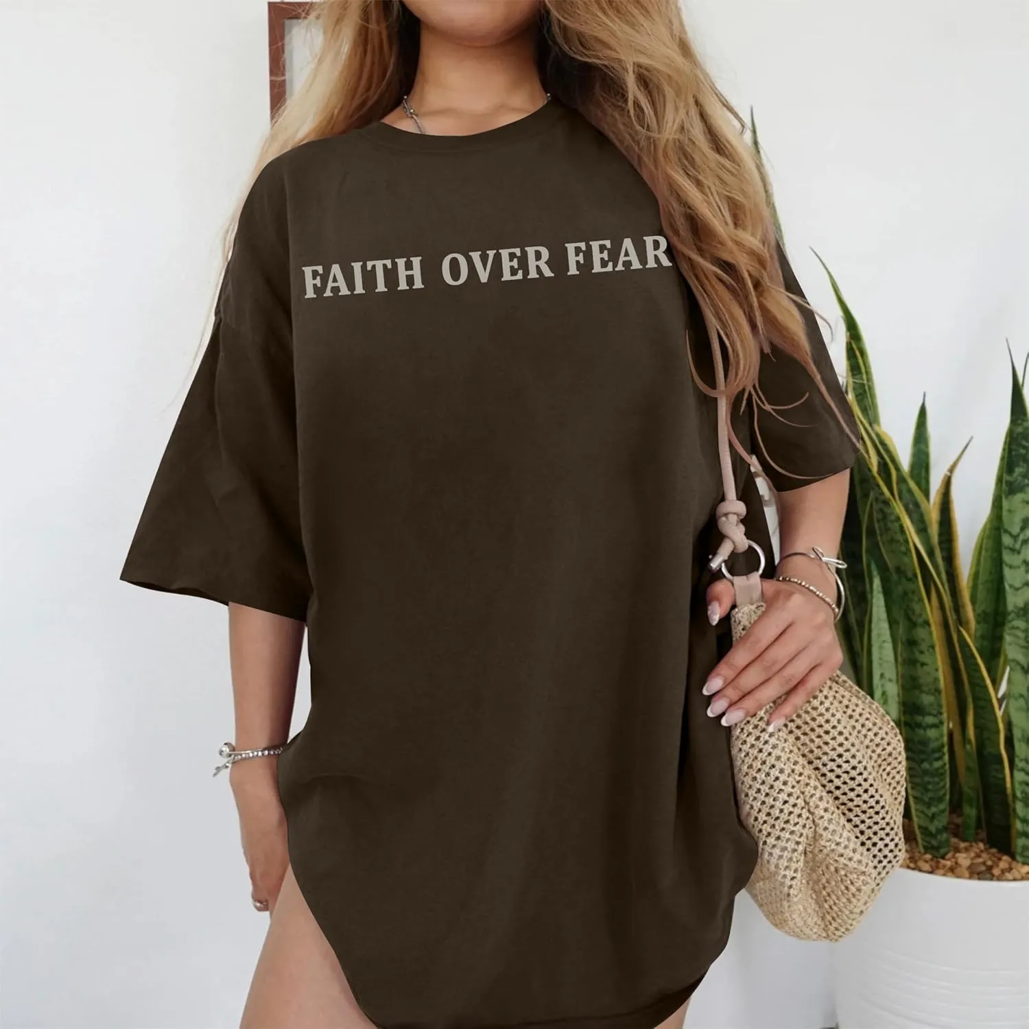 Oversized Tshirts for Women Christian Shirts Faith Over Fear Shirt Short Sleeve Jesus Tees Loose Casual Religious Tops