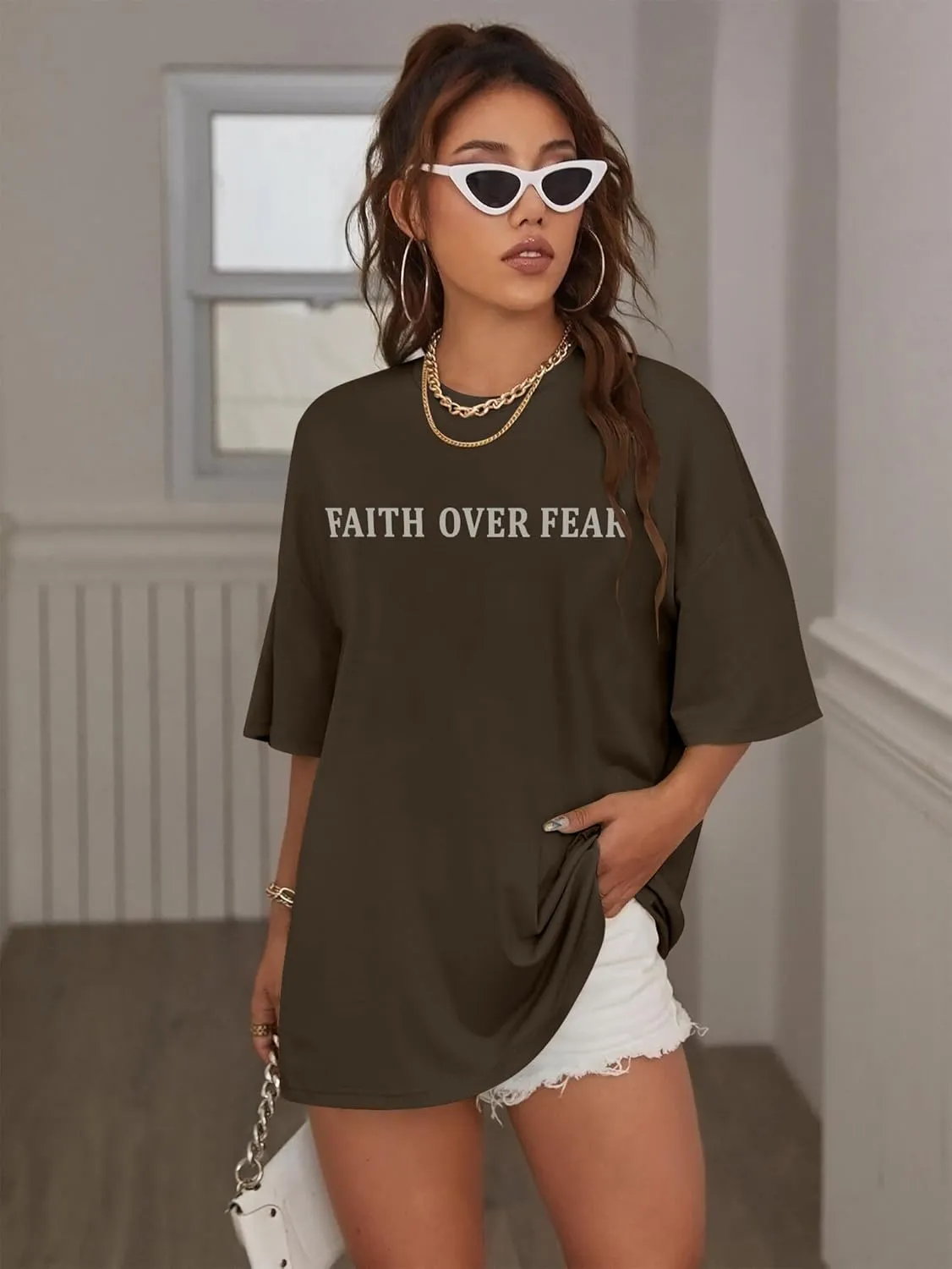 Oversized Tshirts for Women Christian Shirts Faith Over Fear Shirt Short Sleeve Jesus Tees Loose Casual Religious Tops