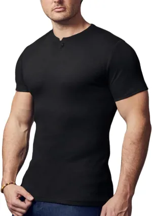 palglg Mens Cotton Muscle Slim Fitted Sport Henley T-Shirt with Button