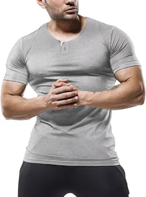 palglg Mens Cotton Muscle Slim Fitted Sport Henley T-Shirt with Button