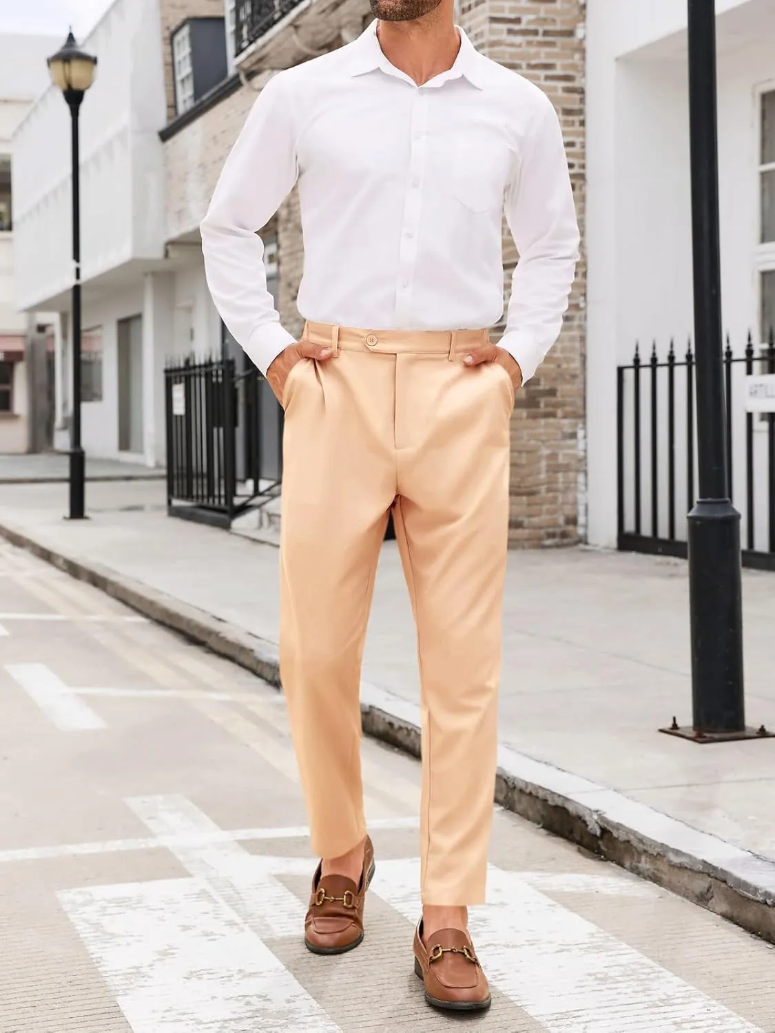 PASLTER Mens Chinos Pants Slim Fit Pleat Front Skinny Elastic Waist Dress Work Suit Pants Classic Slacks