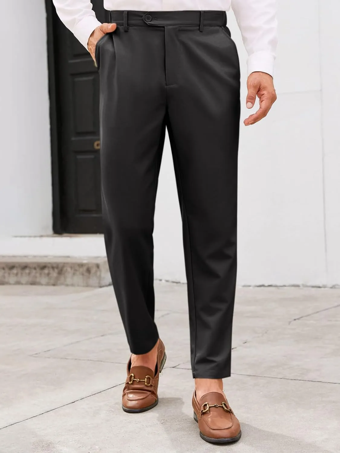 PASLTER Mens Chinos Pants Slim Fit Pleat Front Skinny Elastic Waist Dress Work Suit Pants Classic Slacks