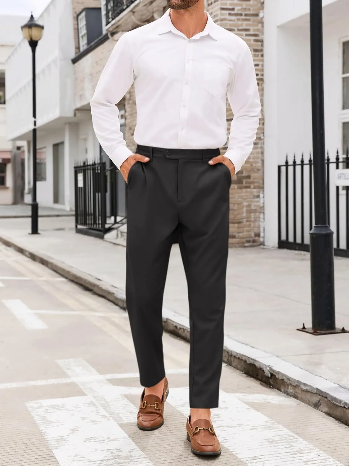 PASLTER Mens Chinos Pants Slim Fit Pleat Front Skinny Elastic Waist Dress Work Suit Pants Classic Slacks