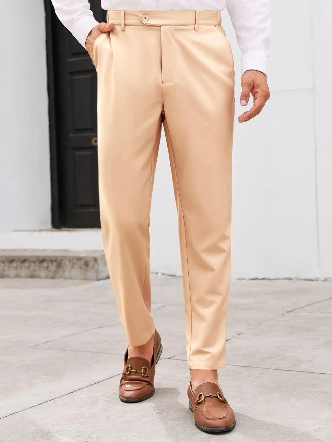 PASLTER Mens Chinos Pants Slim Fit Pleat Front Skinny Elastic Waist Dress Work Suit Pants Classic Slacks
