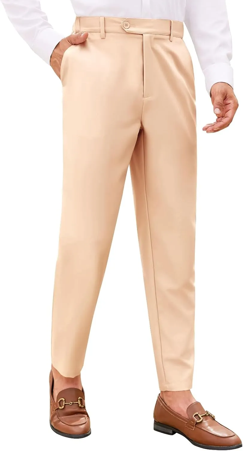 PASLTER Mens Chinos Pants Slim Fit Pleat Front Skinny Elastic Waist Dress Work Suit Pants Classic Slacks