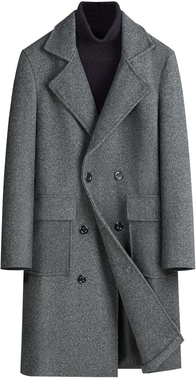 Pea Coats for Men Classic Notched Collar Double Breasted Wool Blend Jacket Overcoat Casual Business Long Trench Coats