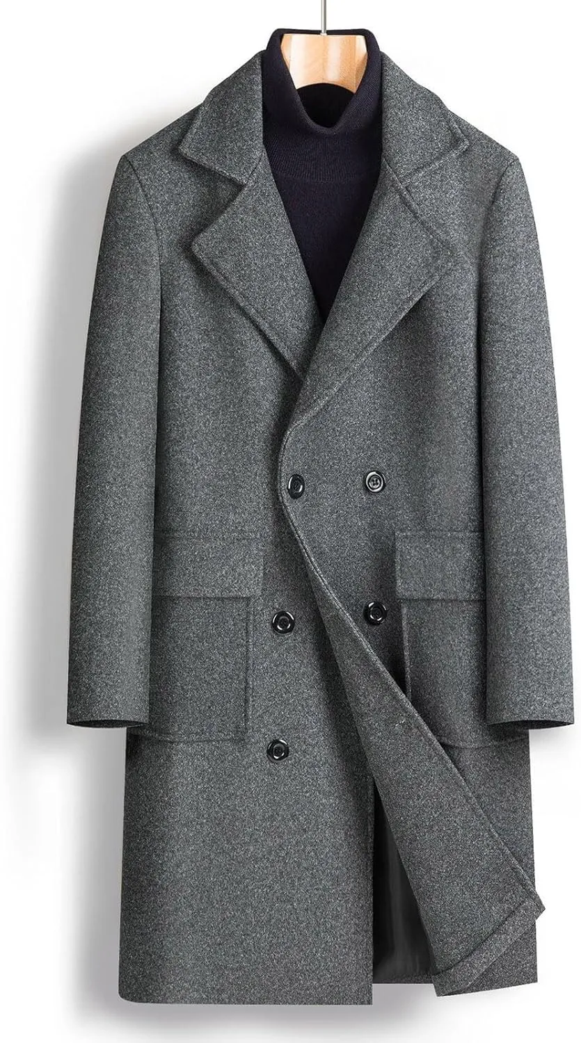 Pea Coats for Men Classic Notched Collar Double Breasted Wool Blend Jacket Overcoat Casual Business Long Trench Coats