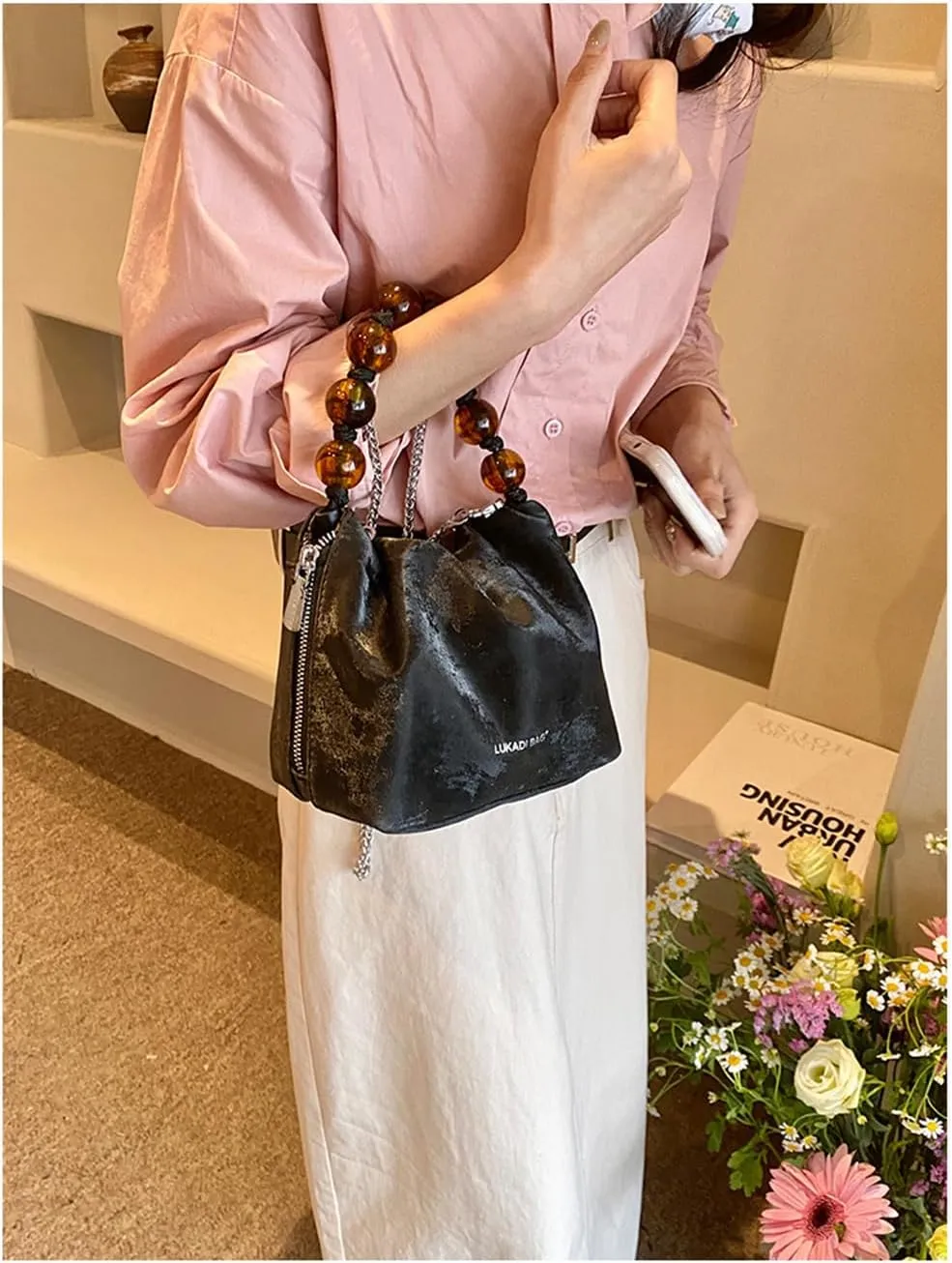 Peal Chain Bucket Bag for Women Small Leather Crossbody Bucket Handbag Top Handle Evening Bucket Clutch Purse