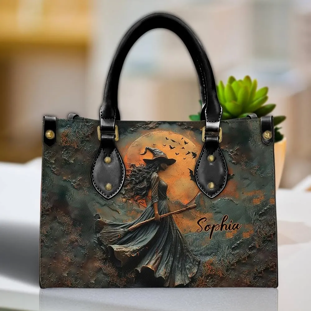 Personalized Witch Leather Handbag For Women, Aesthetic Black Witches Crossbody Bag Purse Chic Satchel Shoulder Bag with Strap for Travel School Work, Halloween Witch Gift (11.6"x8.3", Witch 1)