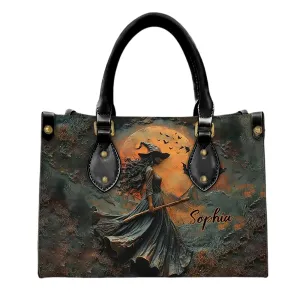 Personalized Witch Leather Handbag For Women, Aesthetic Black Witches Crossbody Bag Purse Chic Satchel Shoulder Bag with Strap for Travel School Work, Halloween Witch Gift (11.6"x8.3", Witch 1)