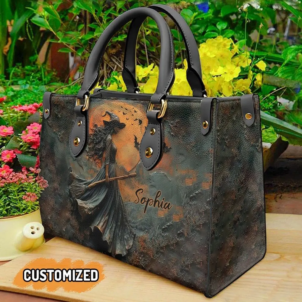 Personalized Witch Leather Handbag For Women, Aesthetic Black Witches Crossbody Bag Purse Chic Satchel Shoulder Bag with Strap for Travel School Work, Halloween Witch Gift (11.6"x8.3", Witch 1)