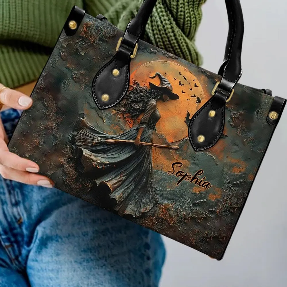 Personalized Witch Leather Handbag For Women, Aesthetic Black Witches Crossbody Bag Purse Chic Satchel Shoulder Bag with Strap for Travel School Work, Halloween Witch Gift (11.6"x8.3", Witch 1)