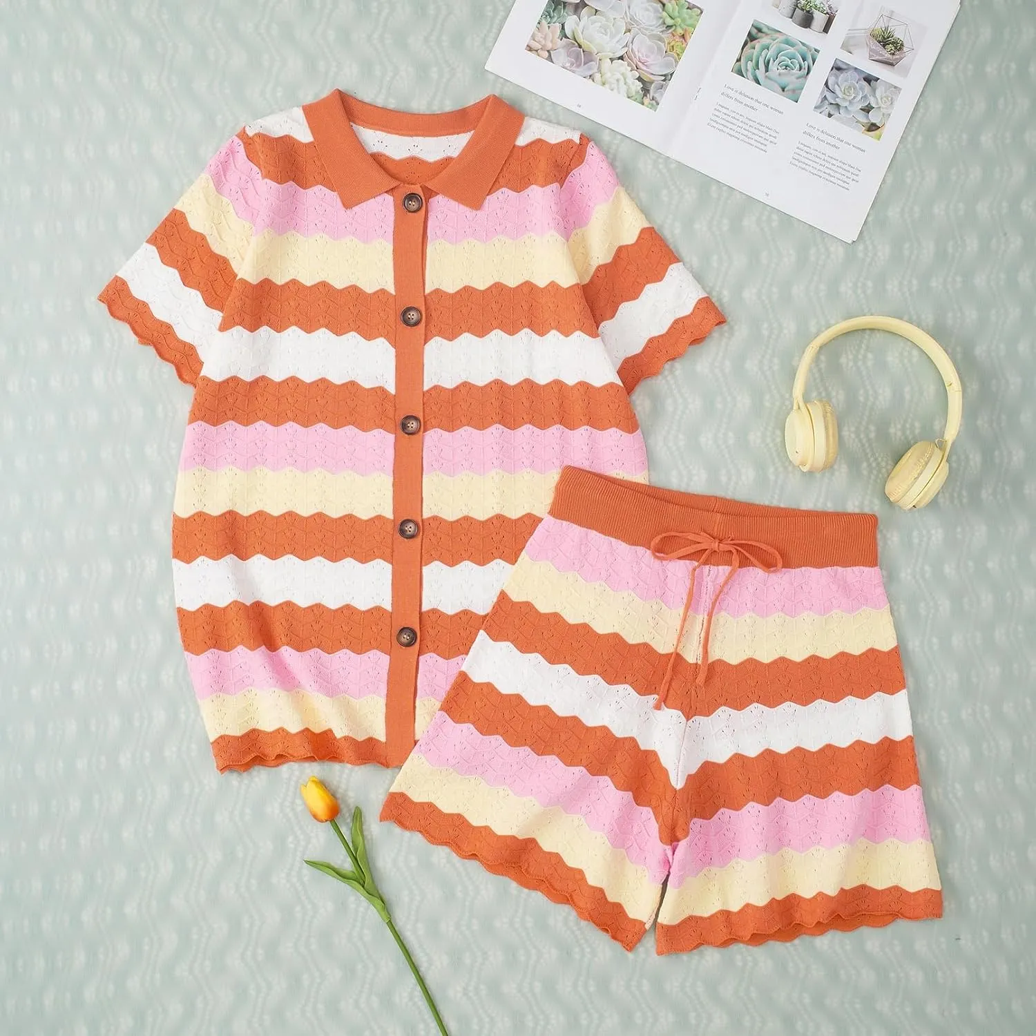 Pink Queen Women Knit Shorts Set 2 Piece Outfits Short Sleeve Button Down Sweater Top and Shorts Lounge Set