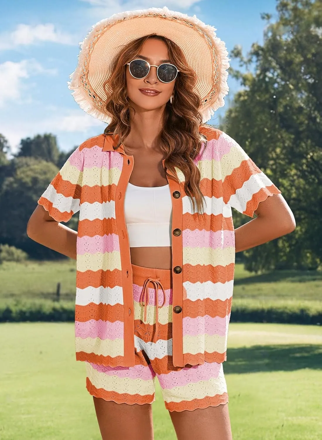 Pink Queen Women Knit Shorts Set 2 Piece Outfits Short Sleeve Button Down Sweater Top and Shorts Lounge Set