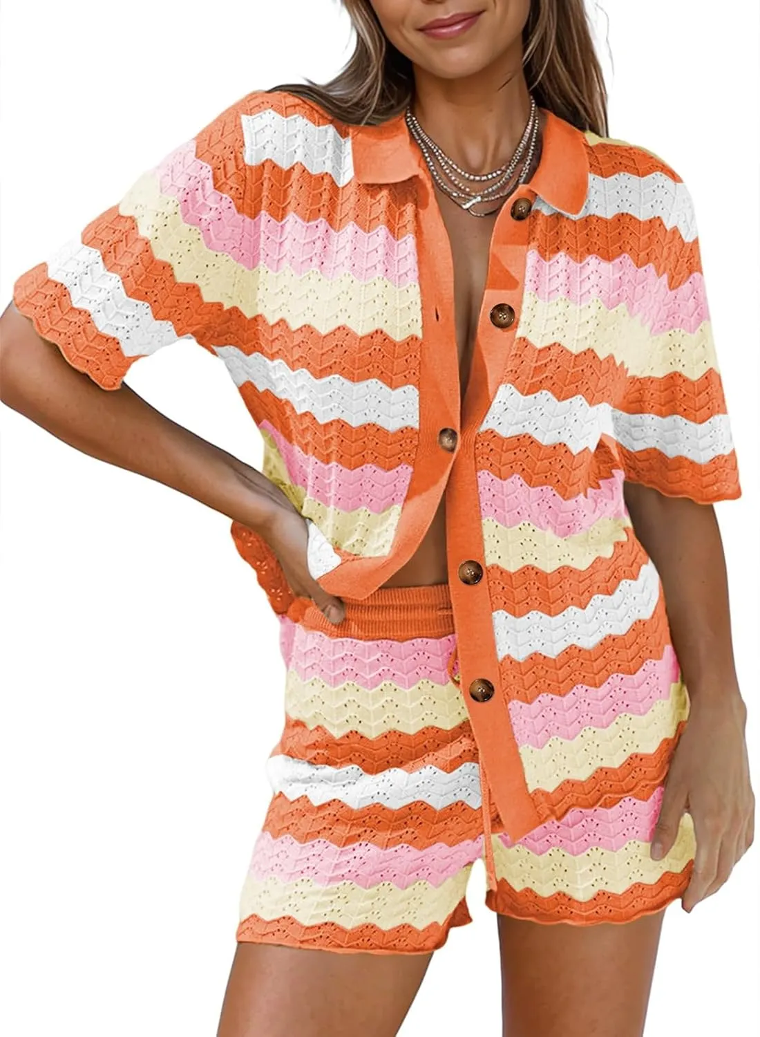 Pink Queen Women Knit Shorts Set 2 Piece Outfits Short Sleeve Button Down Sweater Top and Shorts Lounge Set