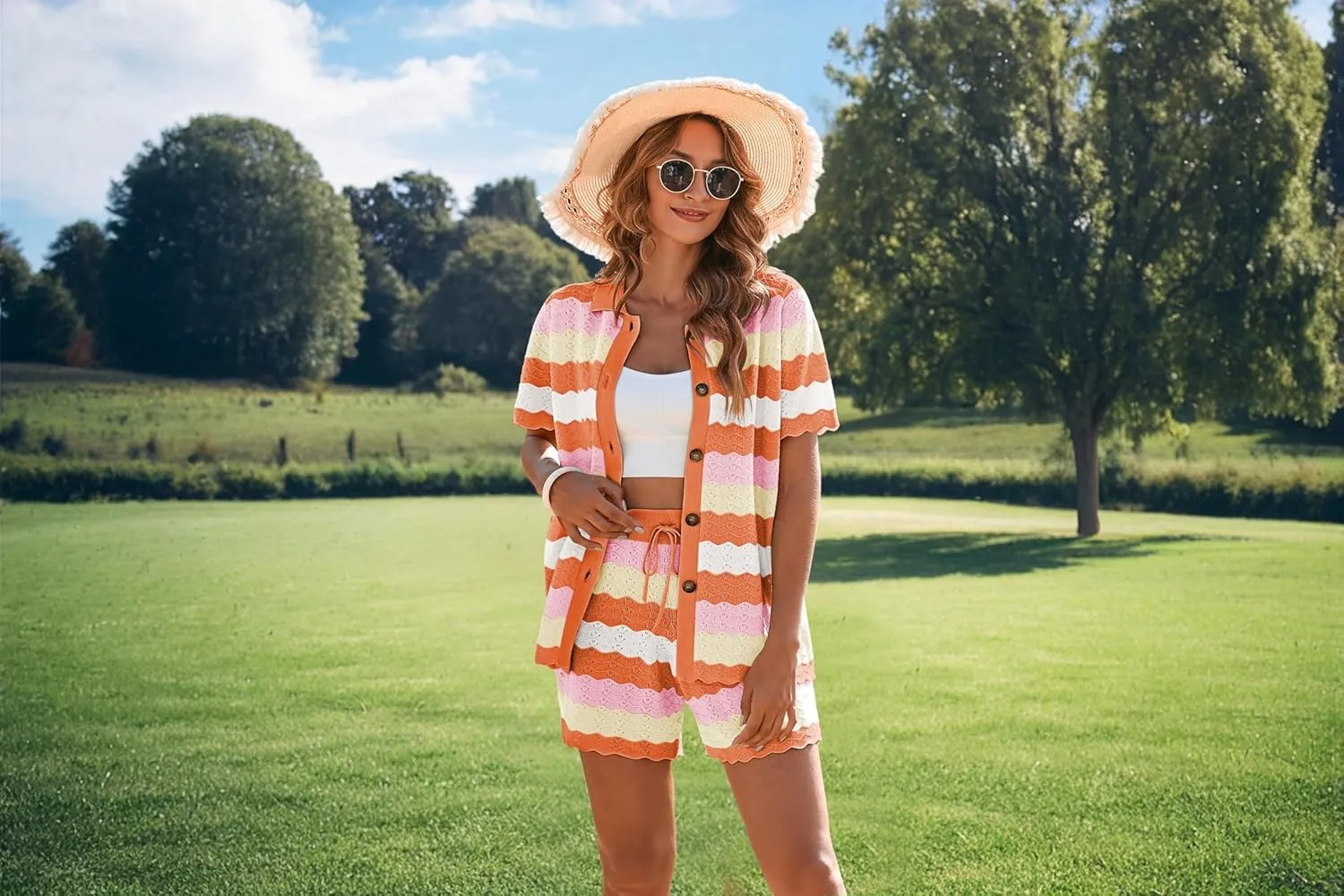 Pink Queen Women Knit Shorts Set 2 Piece Outfits Short Sleeve Button Down Sweater Top and Shorts Lounge Set