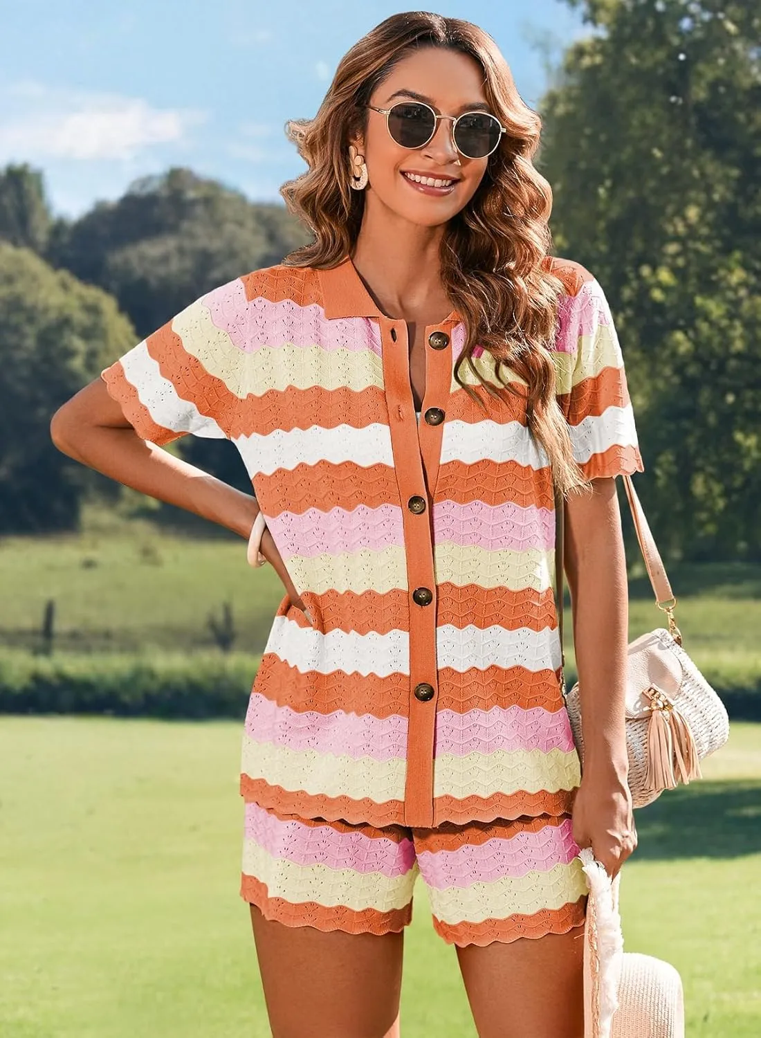 Pink Queen Women Knit Shorts Set 2 Piece Outfits Short Sleeve Button Down Sweater Top and Shorts Lounge Set