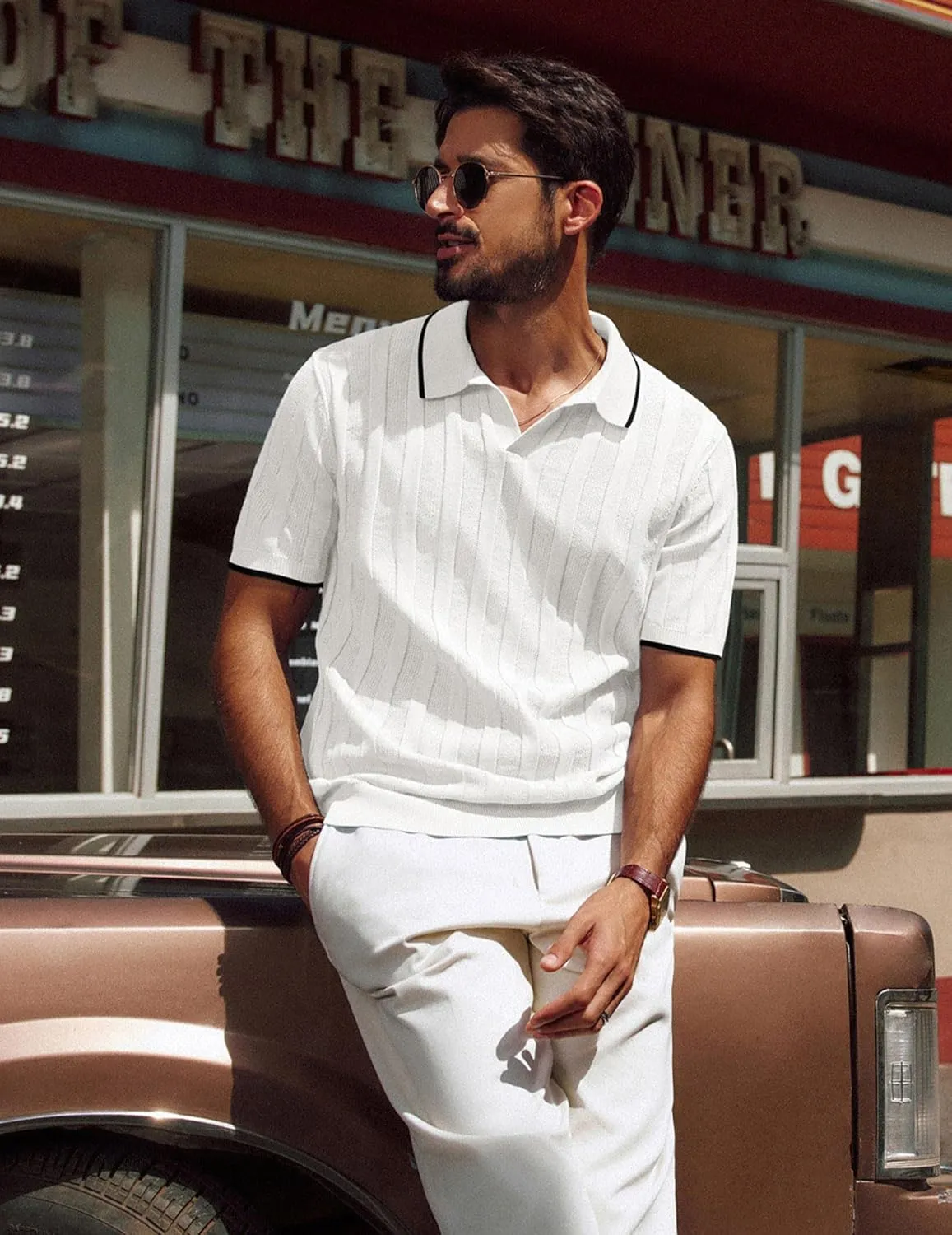 PJ PAUL JONES Mens Polo Shirts Textured Knit V-Neck Summer Shirts