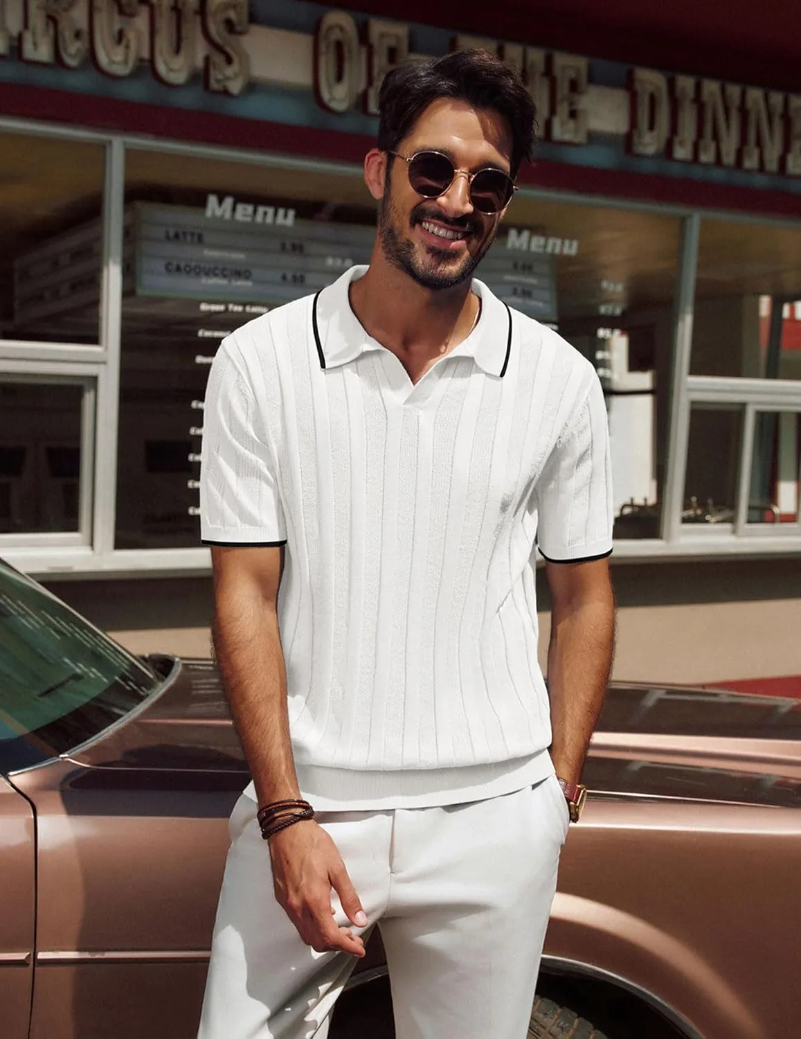 PJ PAUL JONES Mens Polo Shirts Textured Knit V-Neck Summer Shirts