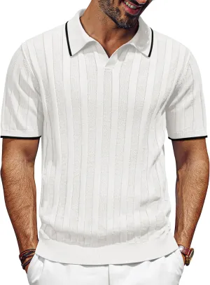 PJ PAUL JONES Mens Polo Shirts Textured Knit V-Neck Summer Shirts
