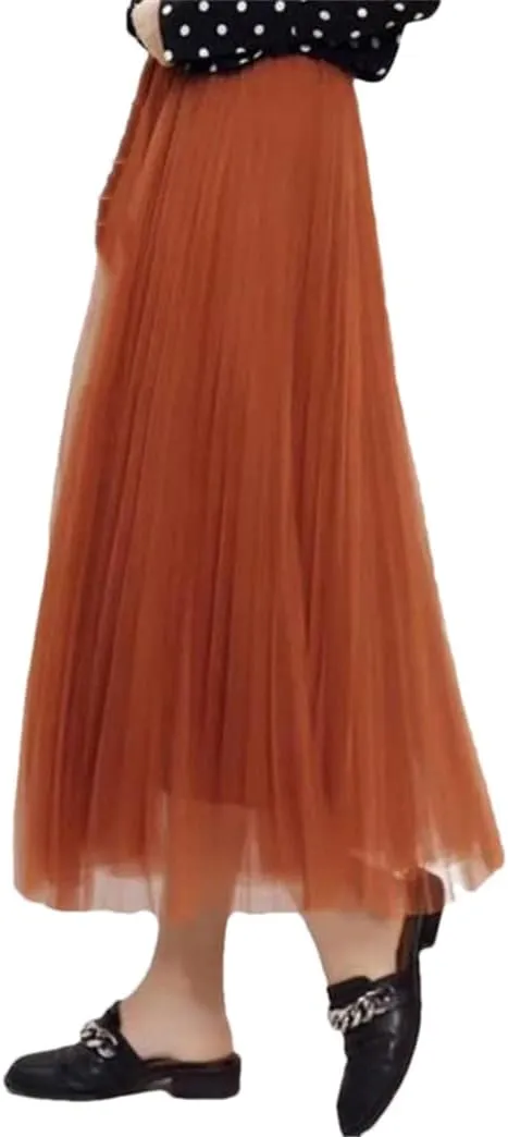 Pleated Skirt Casual Office A-Line Bottom Layers Tulle Long Skirt Women