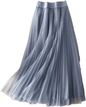 Pleated Skirt Casual Office A-Line Bottom Layers Tulle Long Skirt Women
