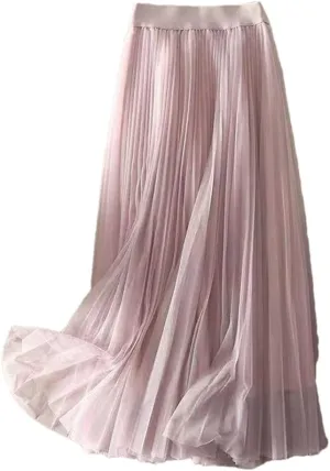 Pleated Skirt Casual Office A-Line Bottom Layers Tulle Long Skirt Women