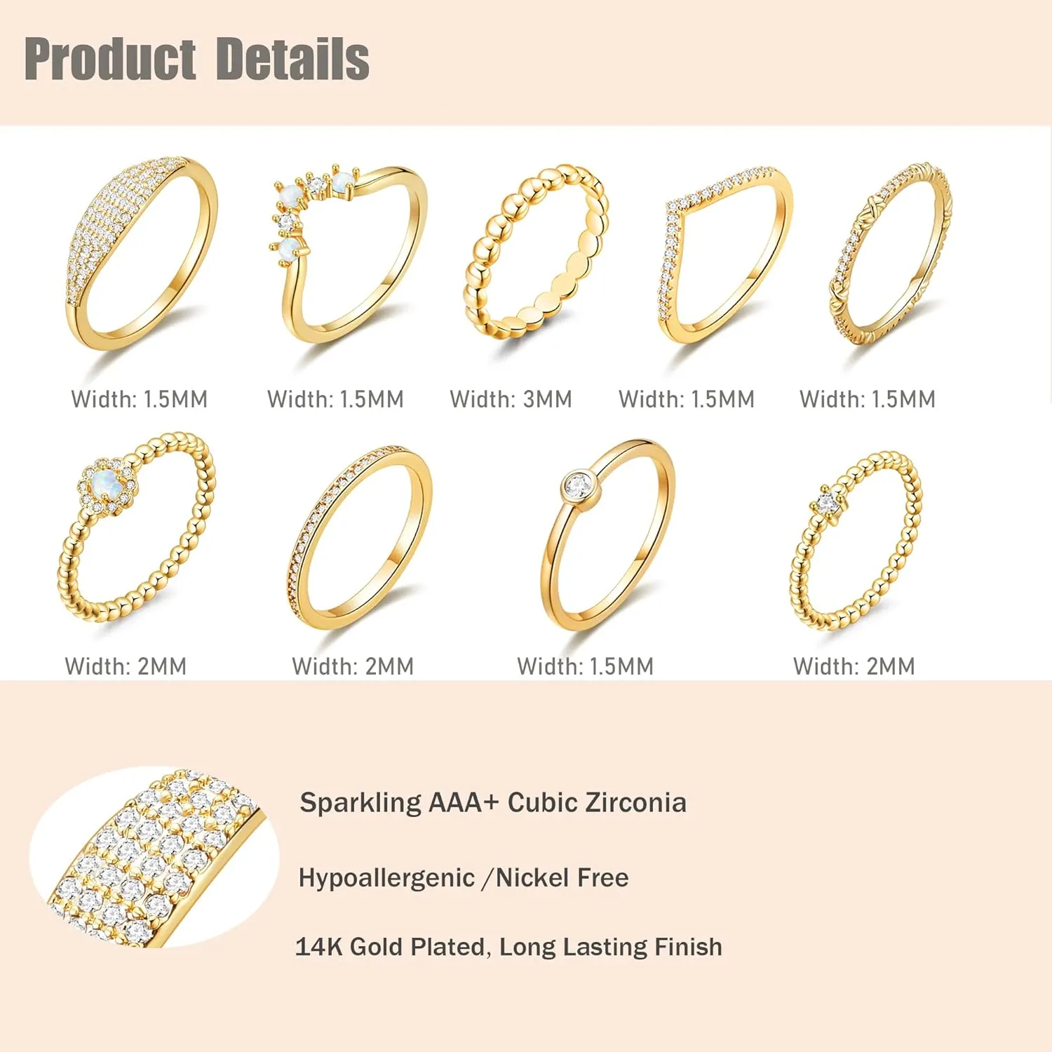 PLOMFOV 14K Silver Plate Stacking Rings Set for Women V Opal Flower CZ Rings Simple Thumb Thin Stackable Rings Silver Statement Rings Plain Band Size 4-11