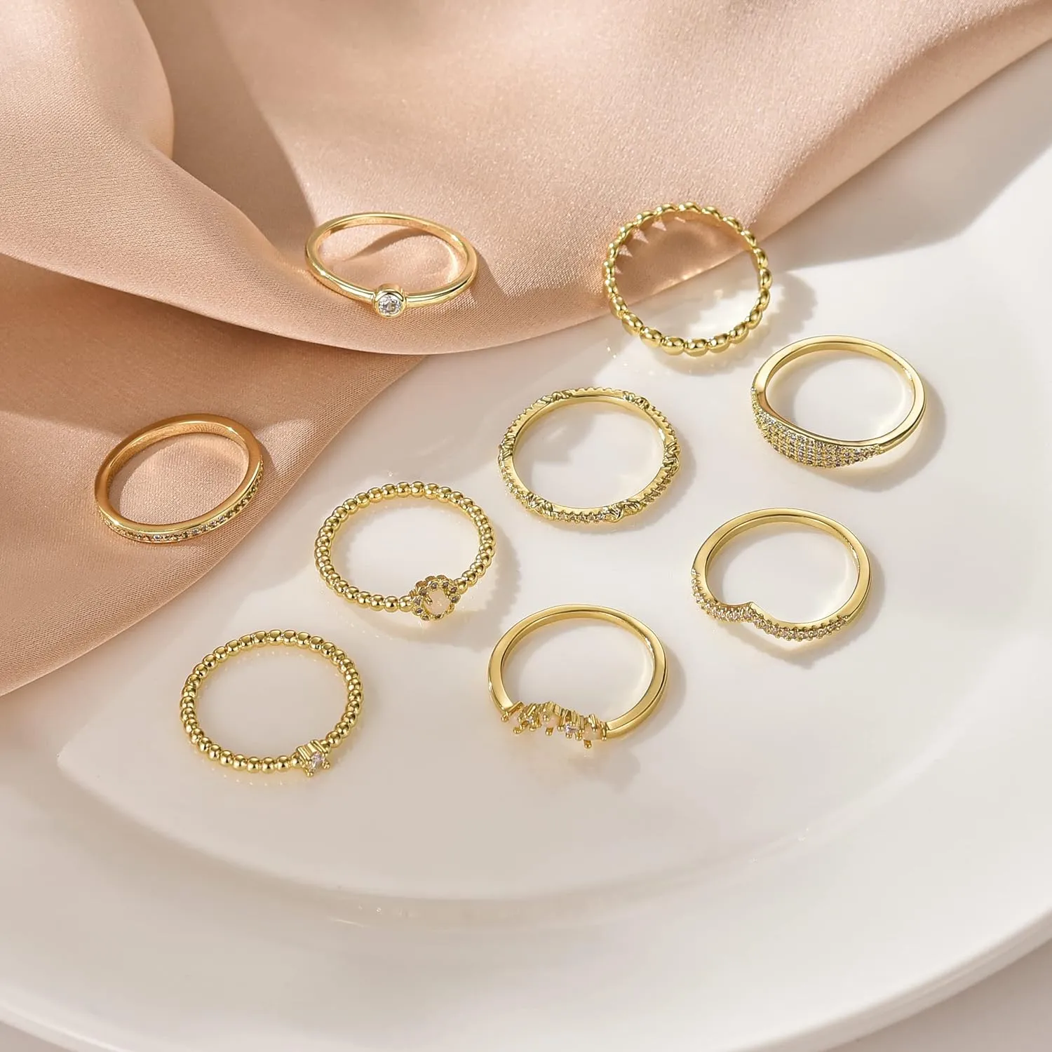 PLOMFOV 14K Silver Plate Stacking Rings Set for Women V Opal Flower CZ Rings Simple Thumb Thin Stackable Rings Silver Statement Rings Plain Band Size 4-11