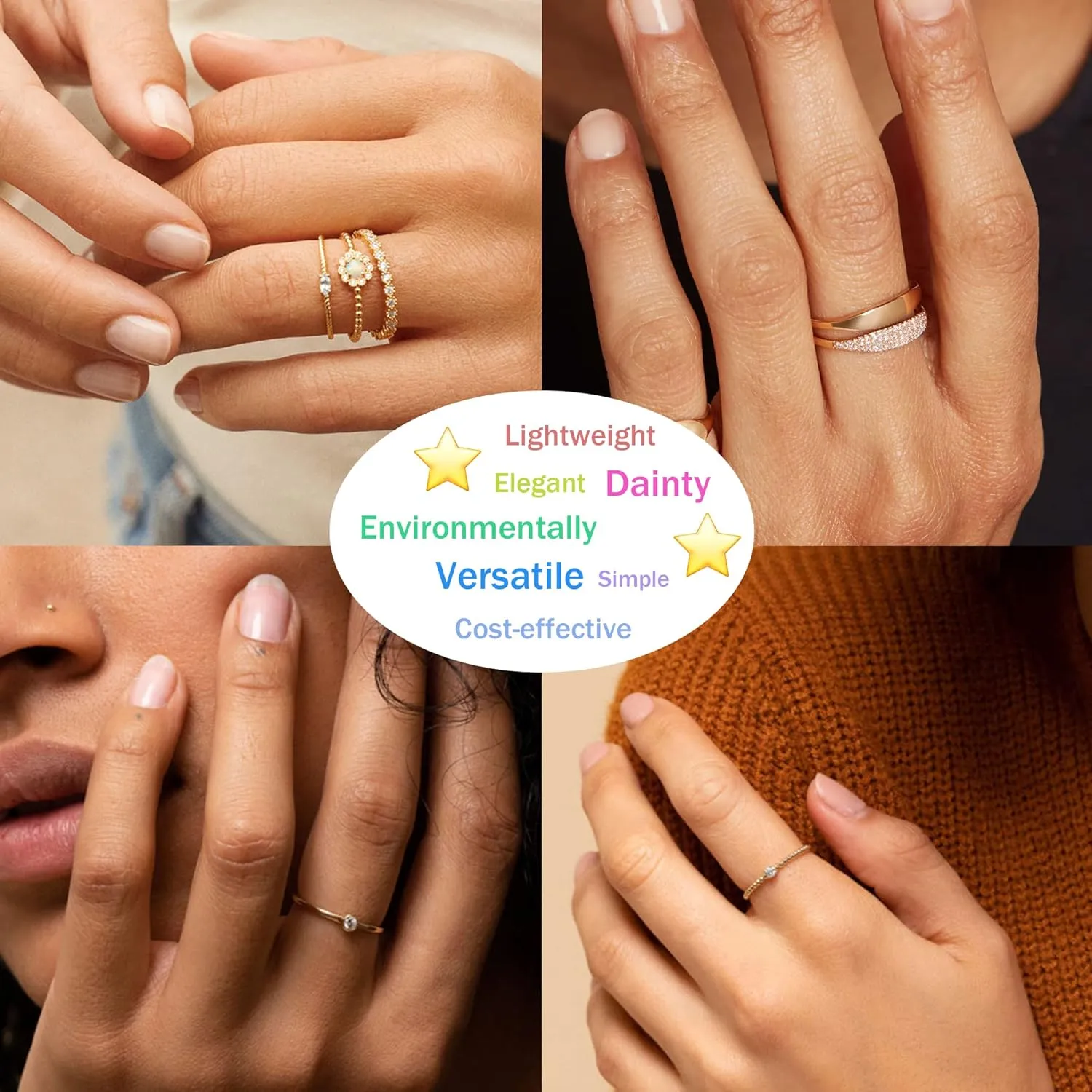 PLOMFOV 14K Silver Plate Stacking Rings Set for Women V Opal Flower CZ Rings Simple Thumb Thin Stackable Rings Silver Statement Rings Plain Band Size 4-11