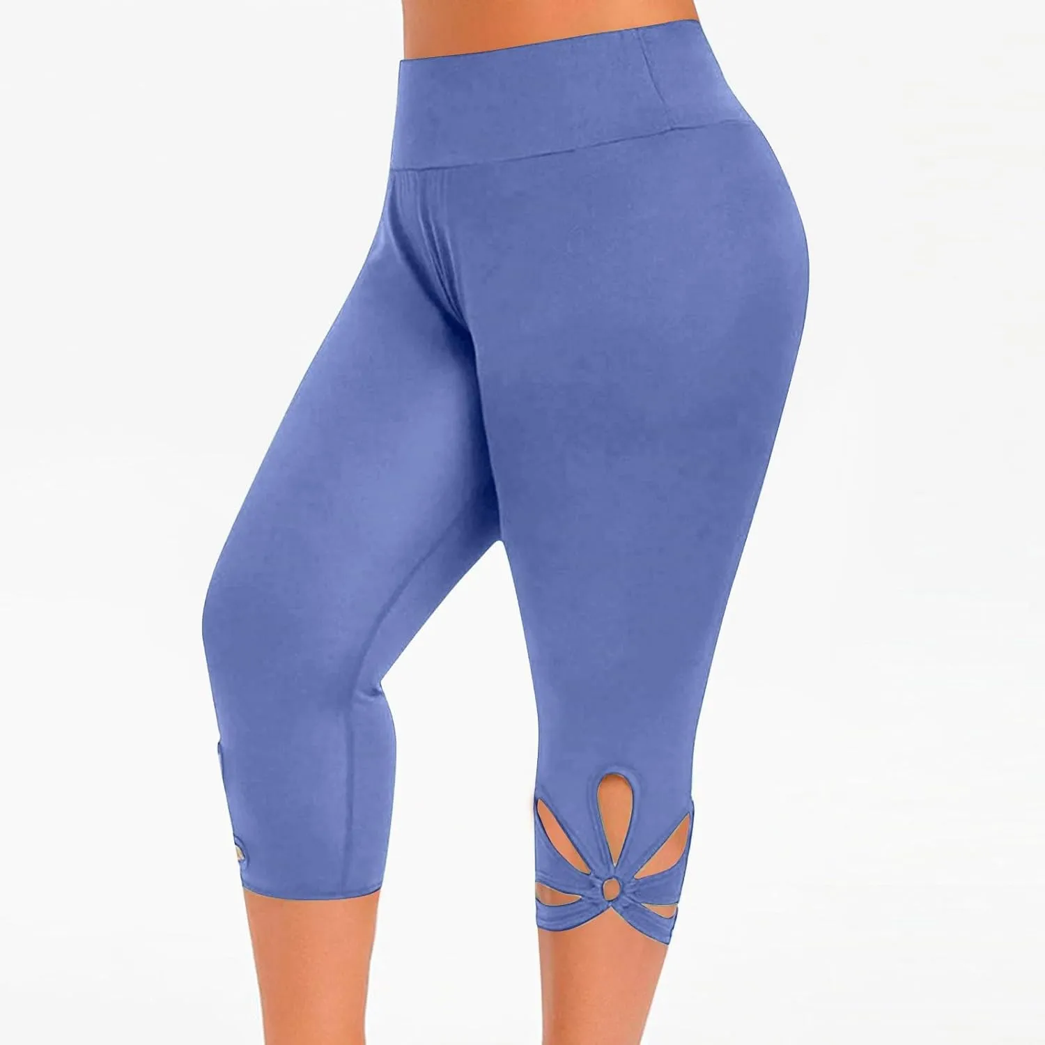 Plus Size Capris Leggings For Women Solid Color Hollow Out Tight Cropped Trousers Elastic High Waist Fashion Pants
