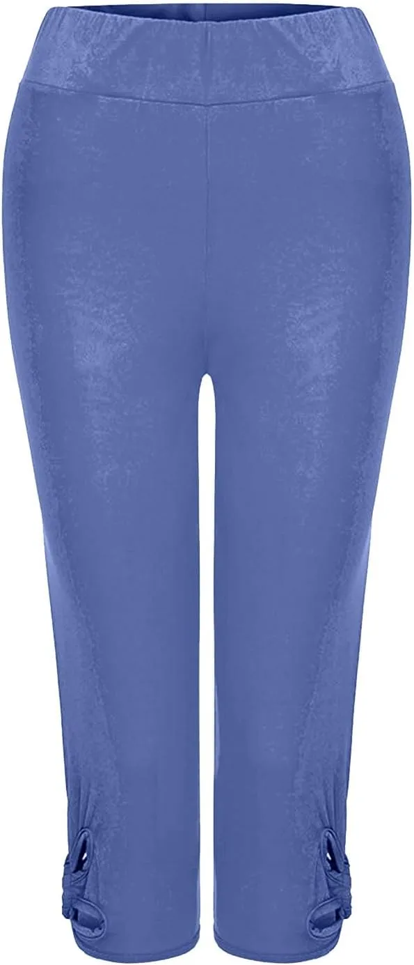 Plus Size Capris Leggings For Women Solid Color Hollow Out Tight Cropped Trousers Elastic High Waist Fashion Pants