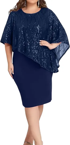 Plus Size Sequins Wedding Guest Dress for Curvy Women - Sparkly Prom Dress Evening Cocktail Midi Dress Half Sleeve