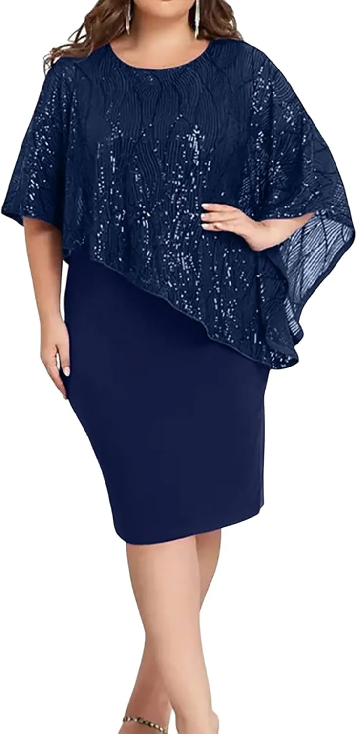 Plus Size Sequins Wedding Guest Dress for Curvy Women - Sparkly Prom Dress Evening Cocktail Midi Dress Half Sleeve