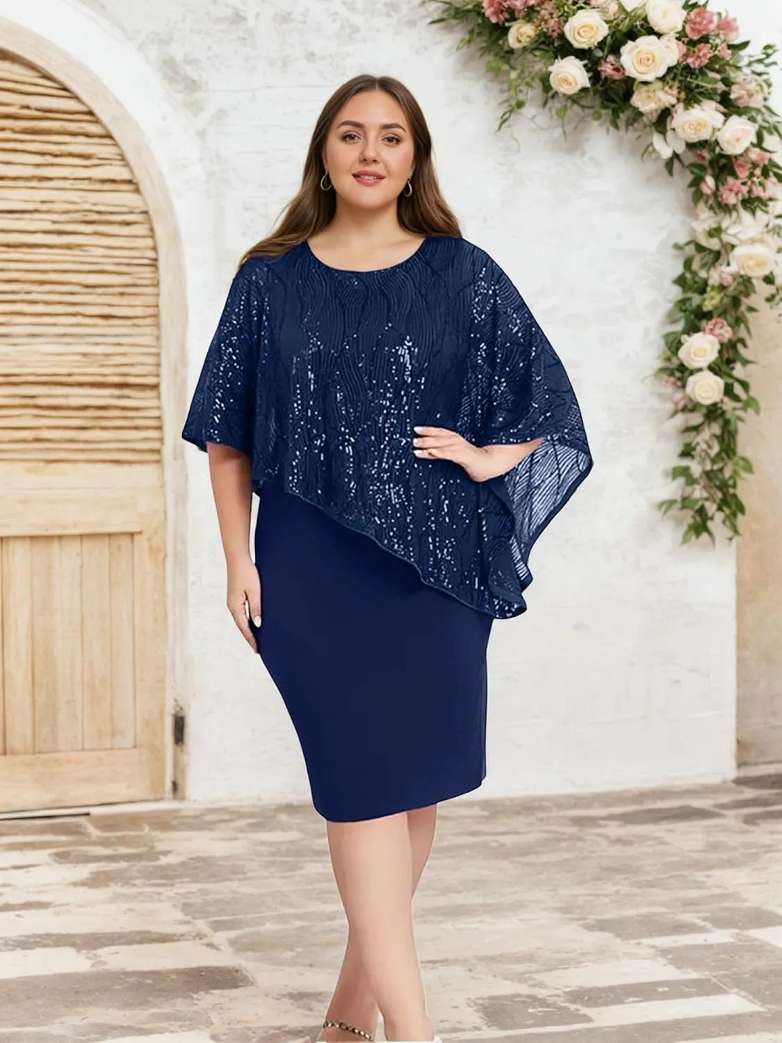 Plus Size Sequins Wedding Guest Dress for Curvy Women - Sparkly Prom Dress Evening Cocktail Midi Dress Half Sleeve