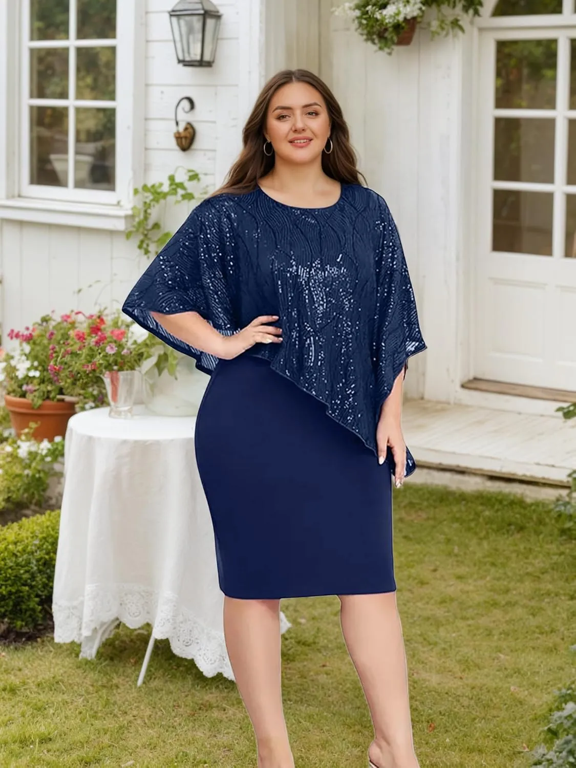 Plus Size Sequins Wedding Guest Dress for Curvy Women - Sparkly Prom Dress Evening Cocktail Midi Dress Half Sleeve