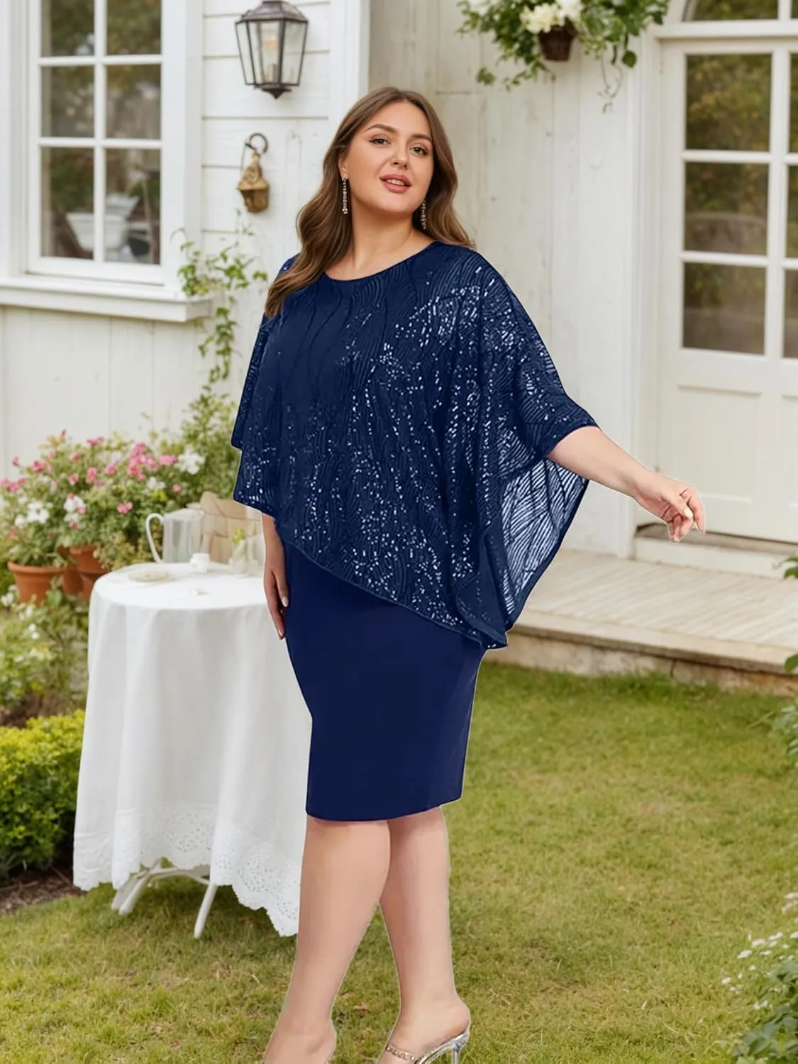 Plus Size Sequins Wedding Guest Dress for Curvy Women - Sparkly Prom Dress Evening Cocktail Midi Dress Half Sleeve
