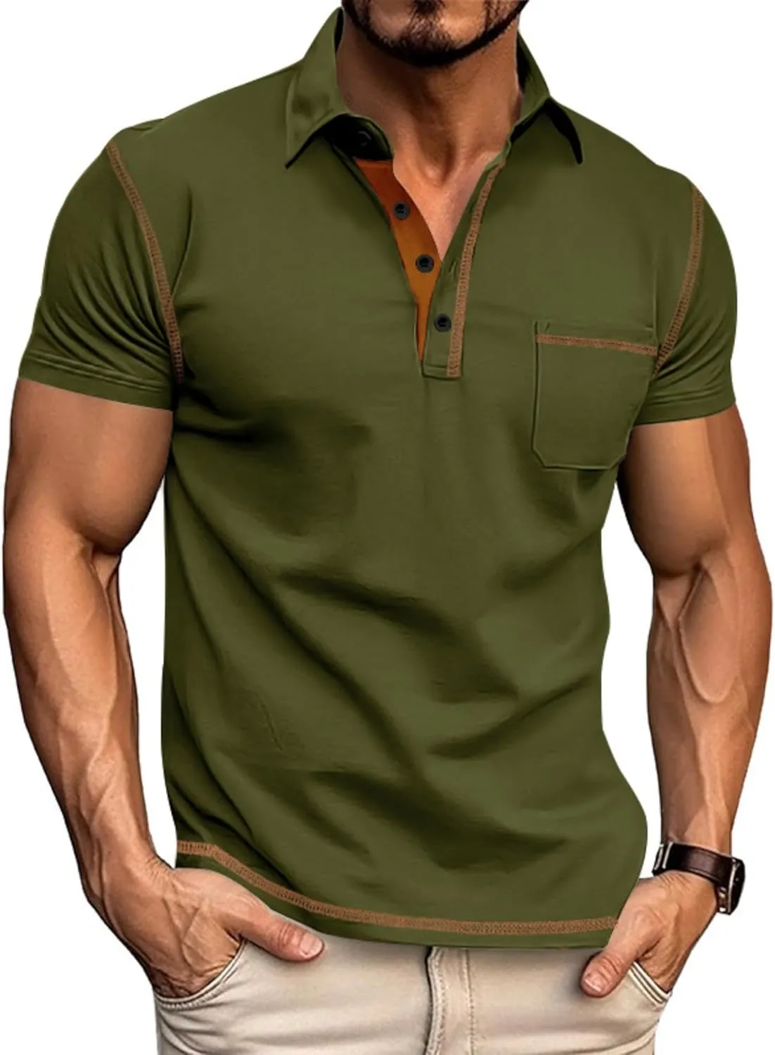 Polo Shirts Men Cotton Blend Short Sleeve Button Slim Fit Color Block Collared Patchwork Summer Tshirts with Pocket