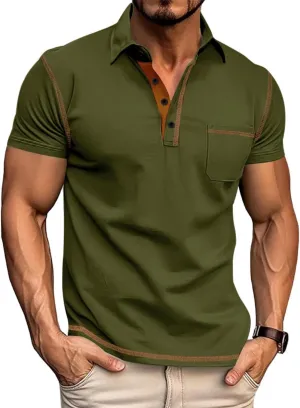 Polo Shirts Men Cotton Blend Short Sleeve Button Slim Fit Color Block Collared Patchwork Summer Tshirts with Pocket