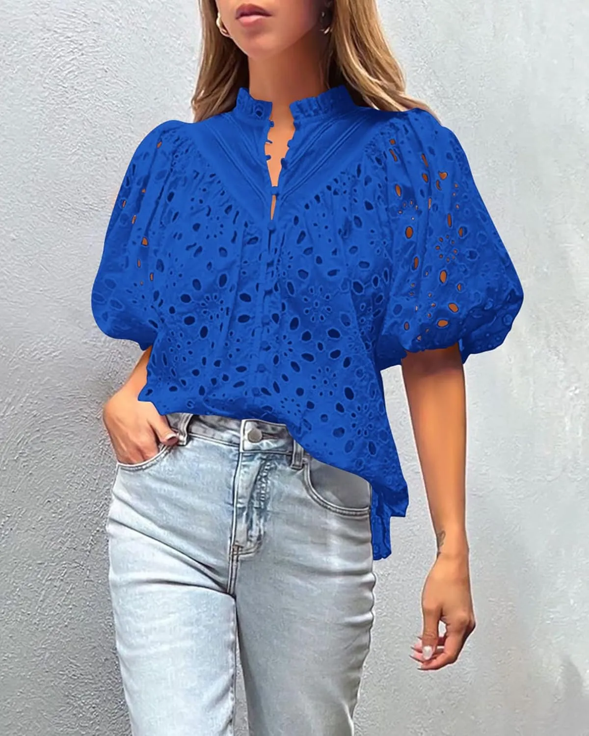 PRETTYGARDEN Women's Summer Short Sleeve Tops 2025 Dressy Casual Buttons V Neck Hollow Out Lace Embroidered Blouses Shirts