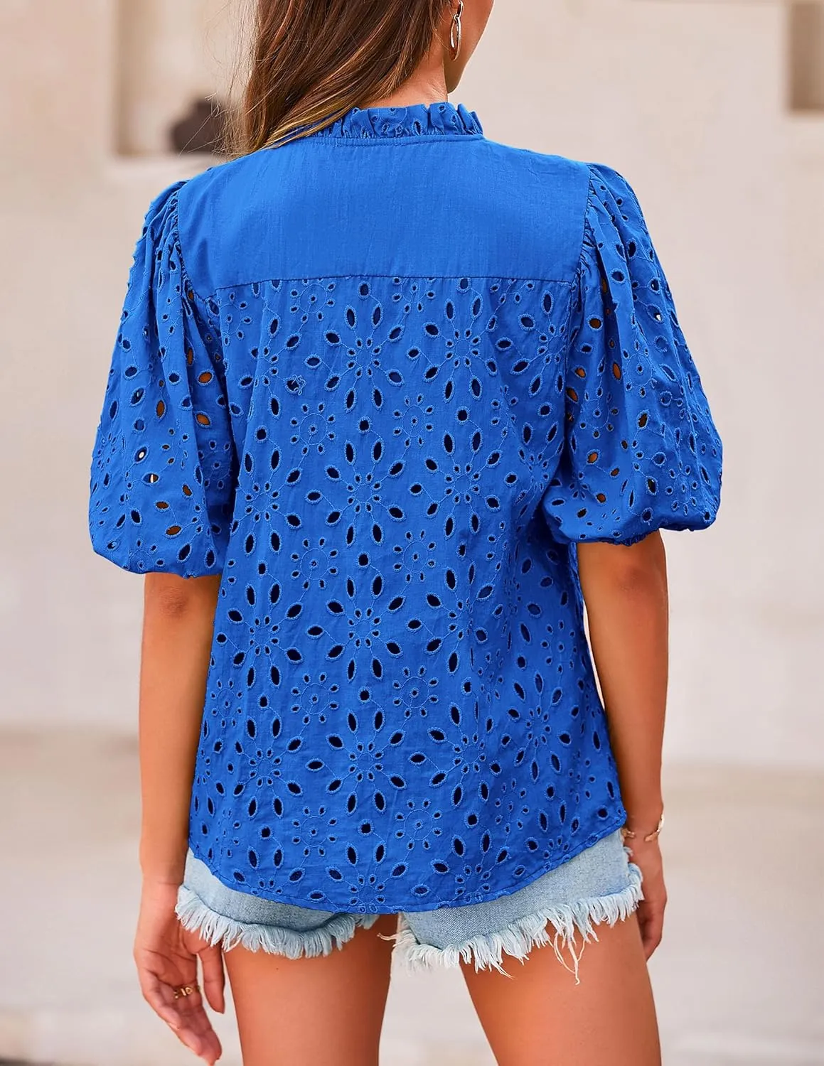 PRETTYGARDEN Women's Summer Short Sleeve Tops 2025 Dressy Casual Buttons V Neck Hollow Out Lace Embroidered Blouses Shirts