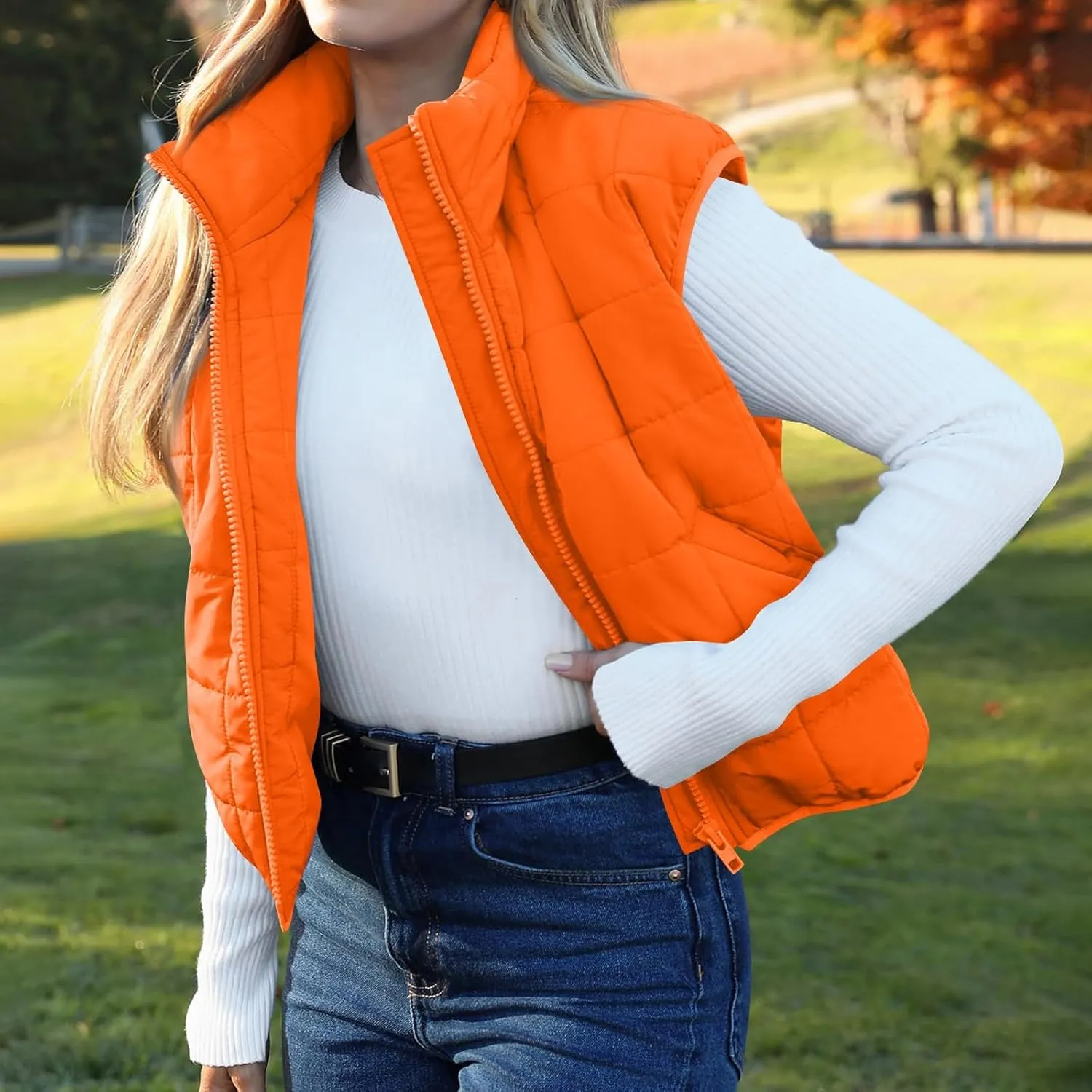 Puffer Vest Women Lightweight Zip Up Quilted Vest Sleeveless Stand Collar Waistcoat Vest with Pockets Fall Jackets