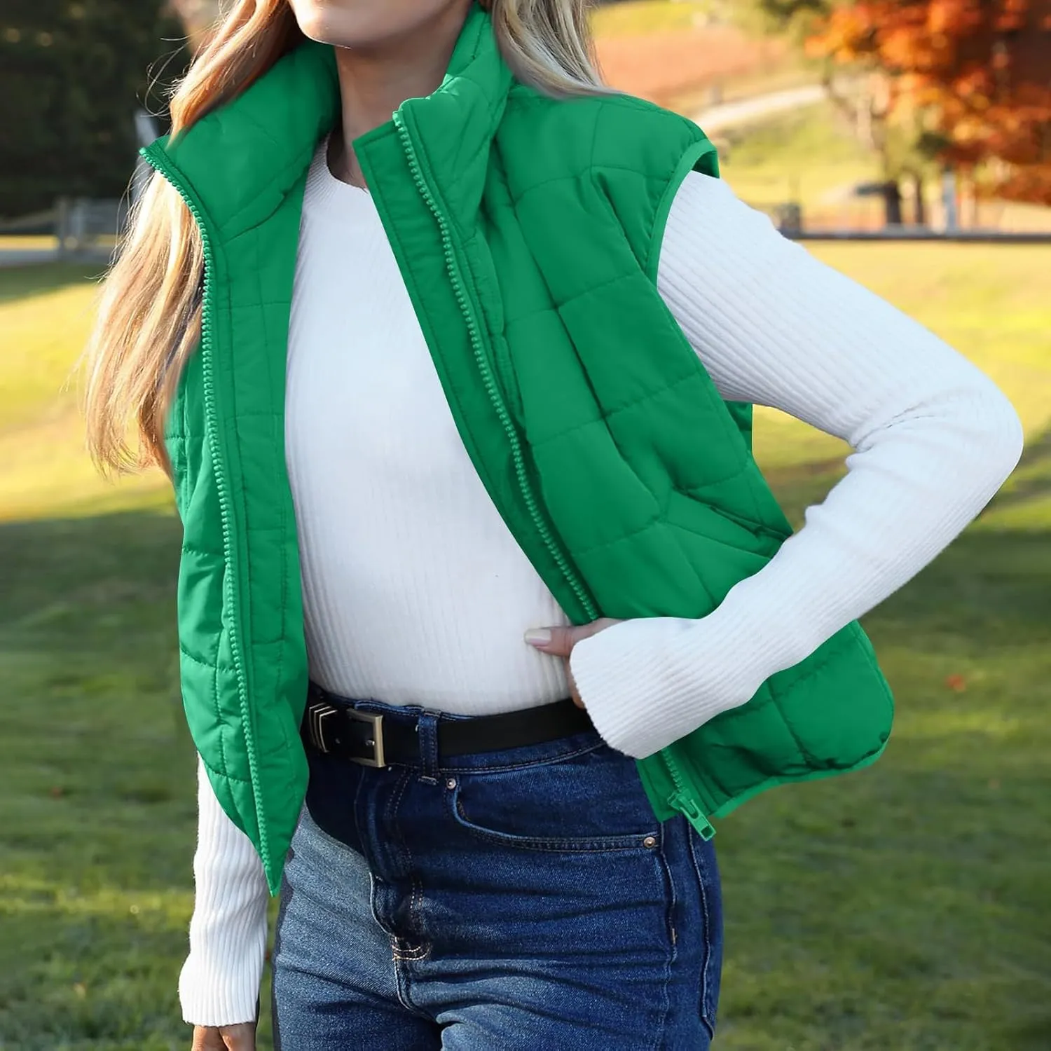 Puffer Vest Women Lightweight Zip Up Quilted Vest Sleeveless Stand Collar Waistcoat Vest with Pockets Fall Jackets