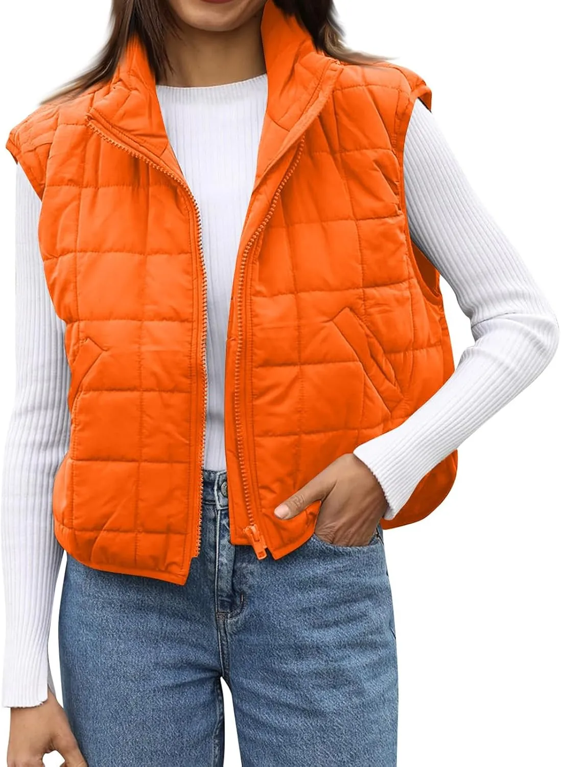 Puffer Vest Women Lightweight Zip Up Quilted Vest Sleeveless Stand Collar Waistcoat Vest with Pockets Fall Jackets